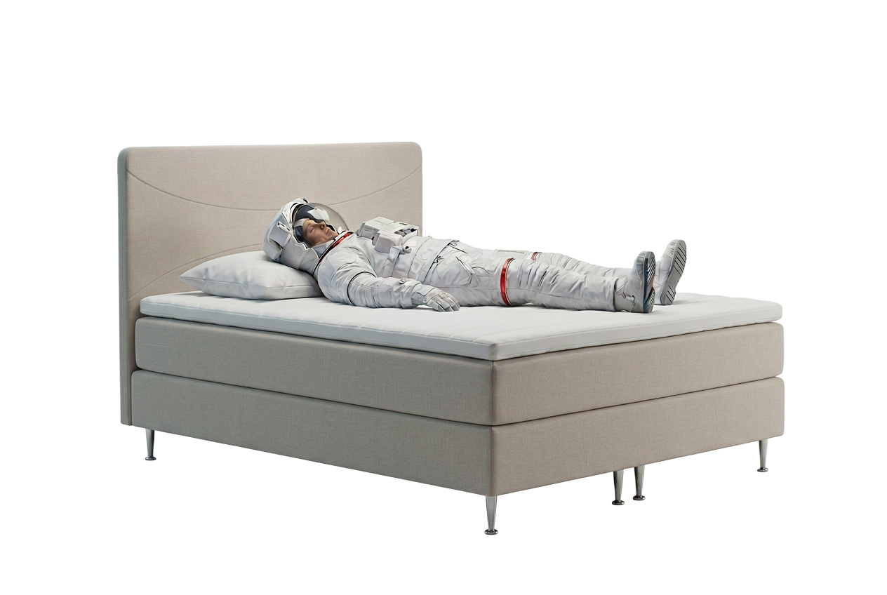 Astronaut on a TempFoam bed — visualization of pressure-relieving adaptive foam